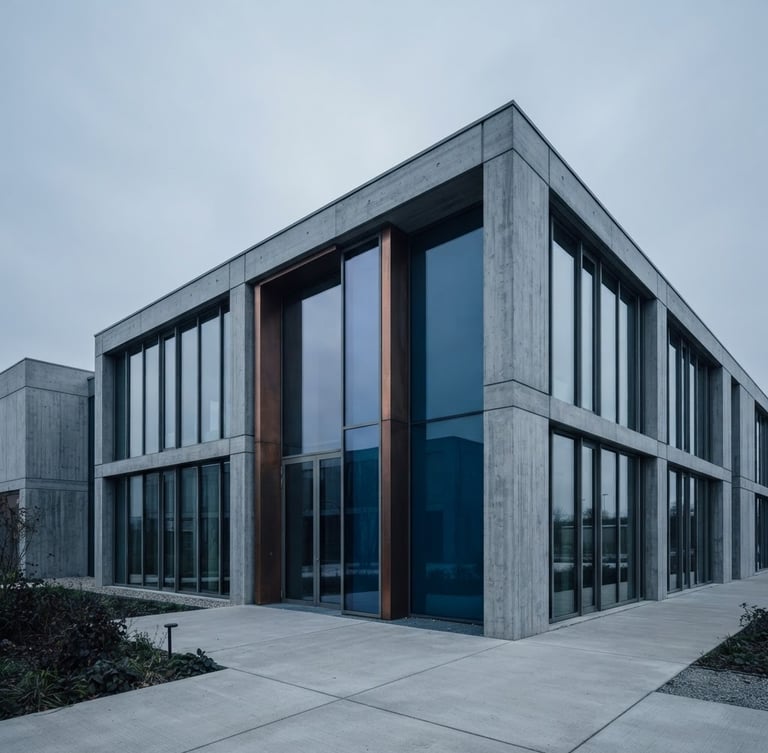 Minimalist architectural photography of a concrete and glass structure, sharp linear perspective, cool diffused overcast light, deep blue and copper tones