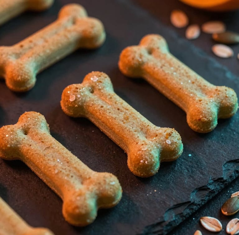 Macro shot of freshly baked organic dog biscuits in the shape of bones on a dark slate plate, warm orange neon glow, scattered oats and pumpkin seeds, moody atmosphere, 35mm