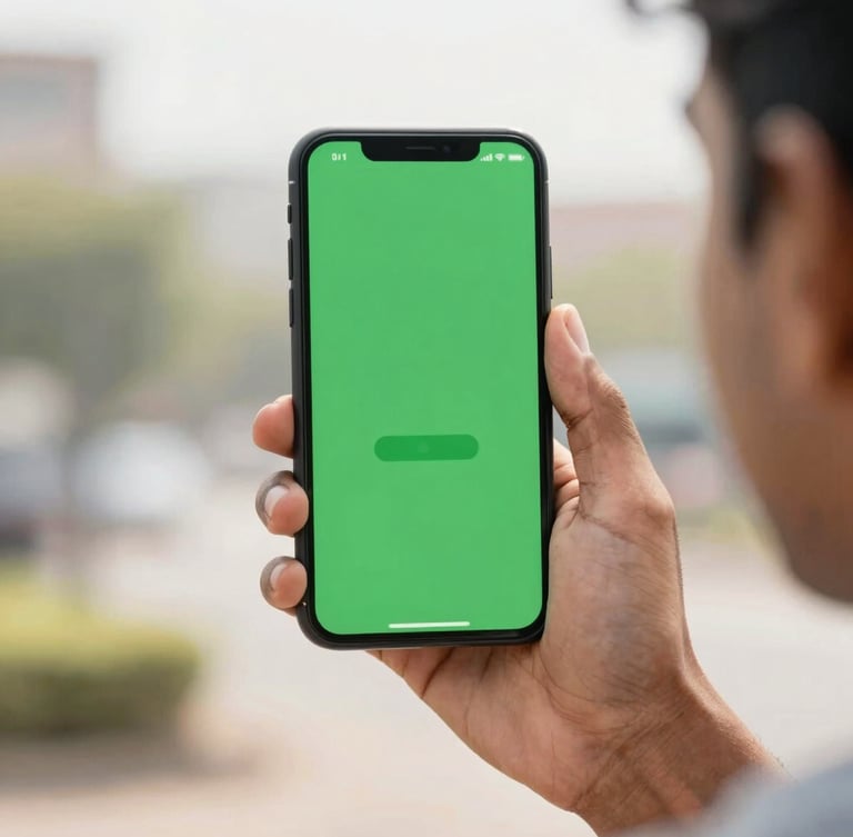 A close-up of a young Indian adult holding a smartphone showing a simple green investment interface, bright natural daylight, optimistic tones