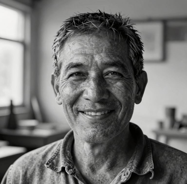 Close-up black and white portrait of a local community leader smiling warmly in a sunlit workshop, natural daylight, soft shadows.