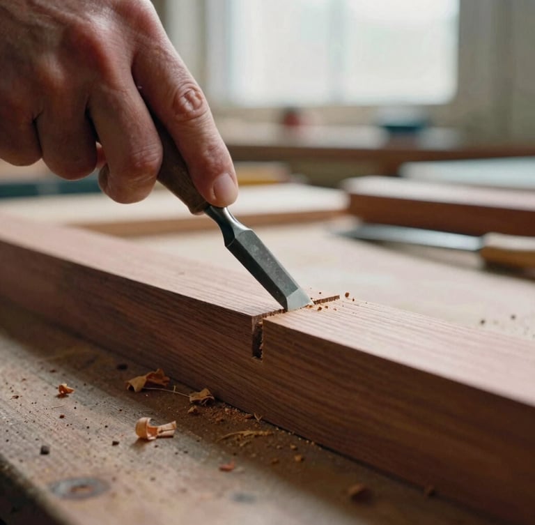 Close-up of a woodworker's hand using a sharp chisel to clean out a mortise joint in a piece of cherry wood, wood shavings on the workbench, soft side light, 35mm film look