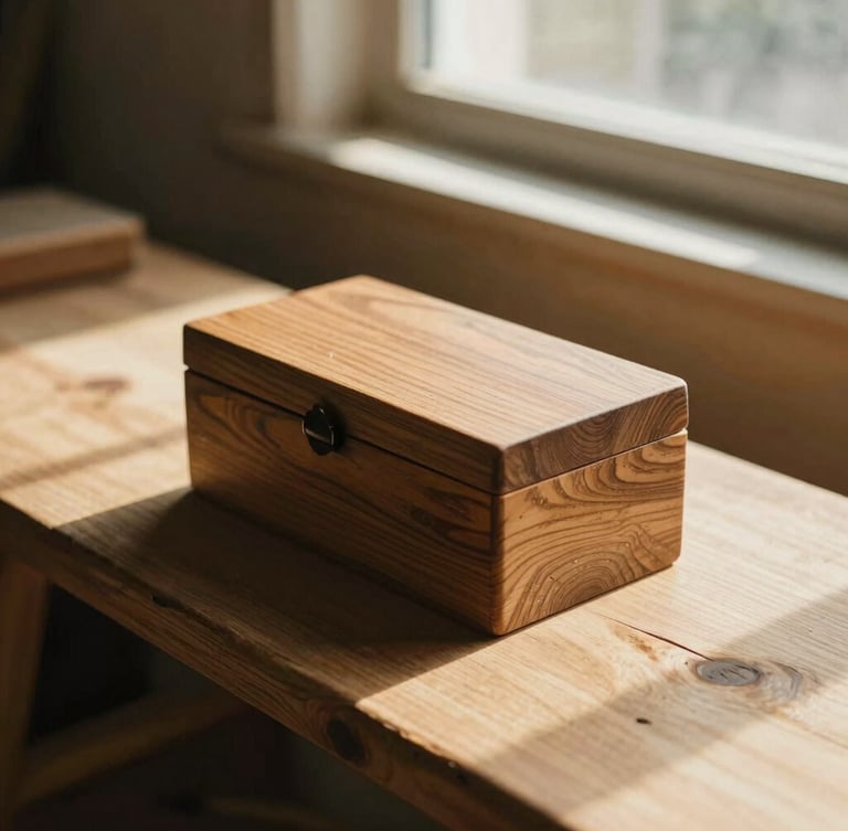 A close-up of a hand-carved wooden memory box sitting on a rustic cedar bench, warm golden-hour sunlight casting long soft shadows, editorial photography.