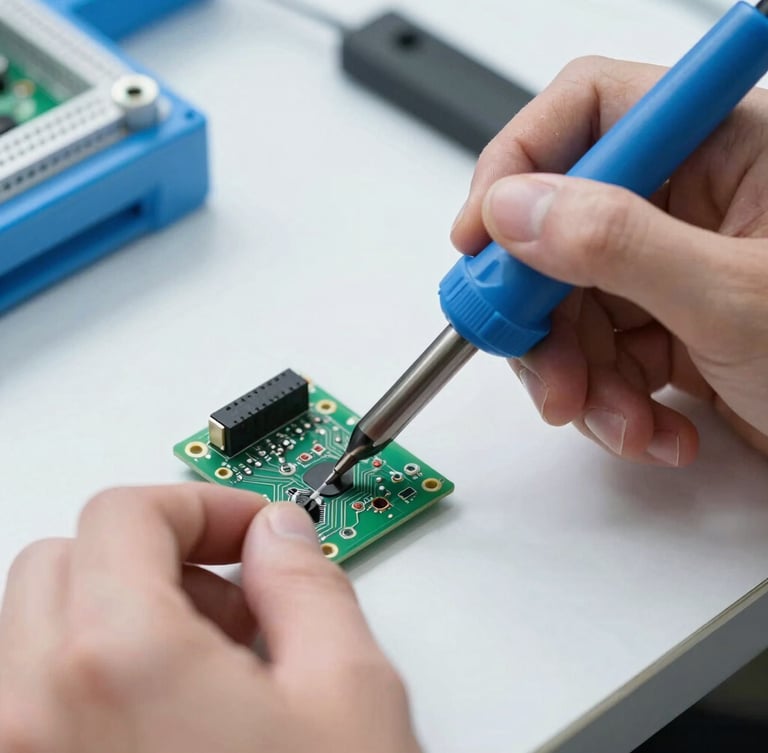 Close-up macro shot of a technician's hands repairing a green circuit board with a soldering iron, bright clean workshop lighting, clean blue and white tones, 50mm lens.