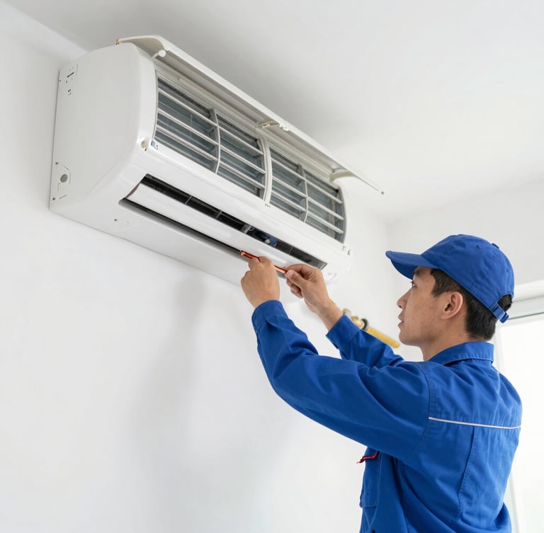 A technician in a blue uniform installing copper pipes for a split air conditioner on a clean white wall, bright natural daylight