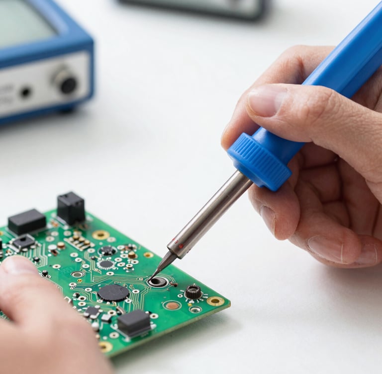 Macro shot of a technician's hands using a fine soldering iron on a green television circuit board, bright natural workshop light, shallow depth of field.