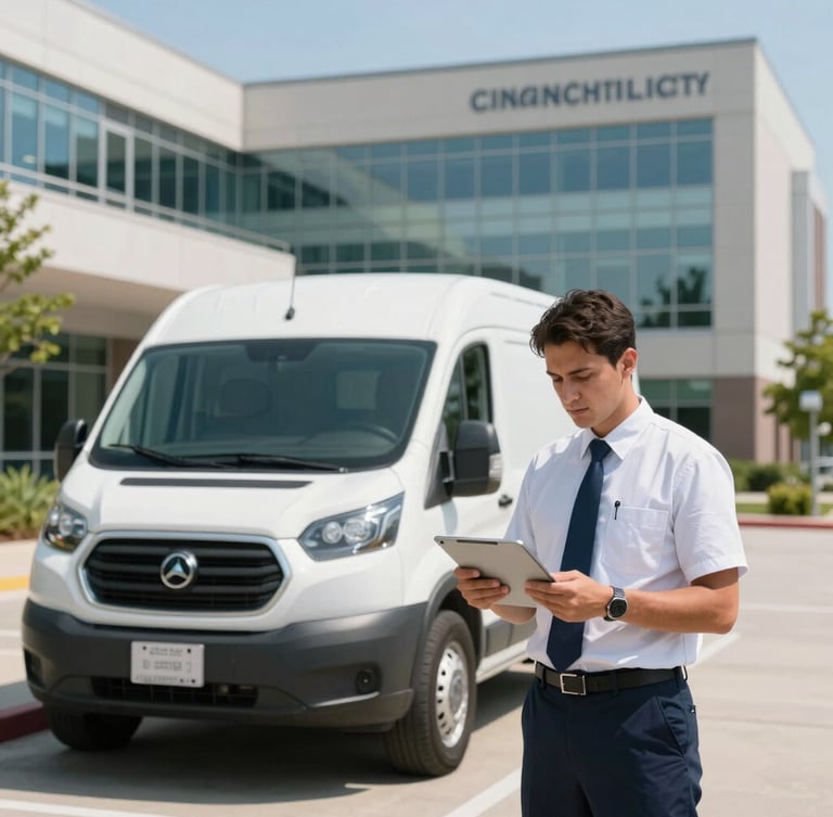 Bright natural daylight shot of a clean, branded late-model transport vehicle parked in front of a modern Cincinnati medical center, a professional driver in a neat uniform checking a schedule tablet.