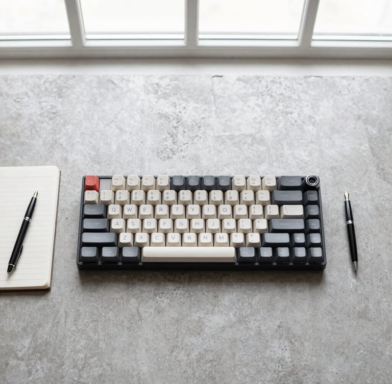 Overhead minimalist flat-lay of a mechanical keyboard, a clean notebook, and a black fountain pen on a neutral grey concrete desk, bright natural window light, sharp focus, 35mm lens