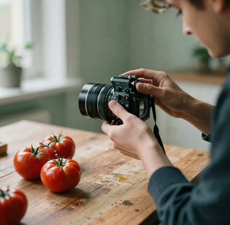 Candid behind-the-scenes shot of a photographer adjusting a vintage lens over a rustic table of heirloom tomatoes, soft Scandinavian daylight, rich crimson tones, shallow depth of field, 35mm.