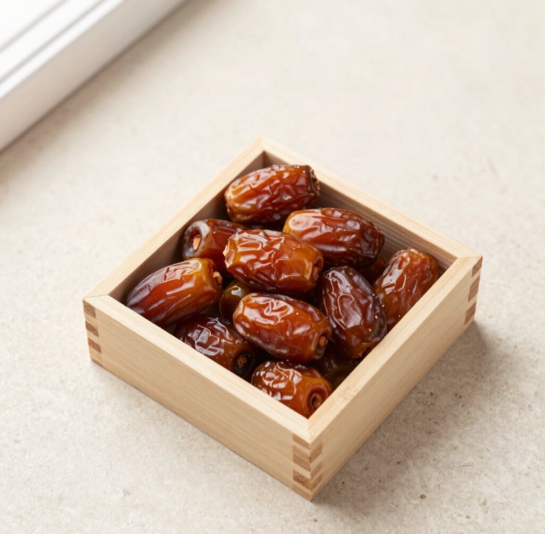 Overhead flat-lay of a minimalist wooden gift box filled with individually wrapped premium dates on a neutral stone surface, soft morning light.