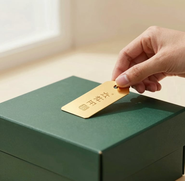 A close-up of a hand placing a gold-embossed brand tag onto a premium forest-green gift box, elegant fingers, soft focus, luxury aesthetic, premium editorial food photography
