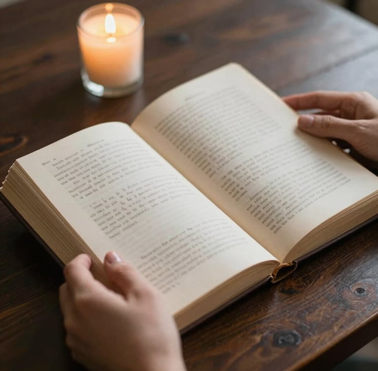 A close-up, shallow depth of field shot of hands holding an open vintage hardback book over a dark wooden table, soft flickering candlelight illuminating handwritten notes in the margins.