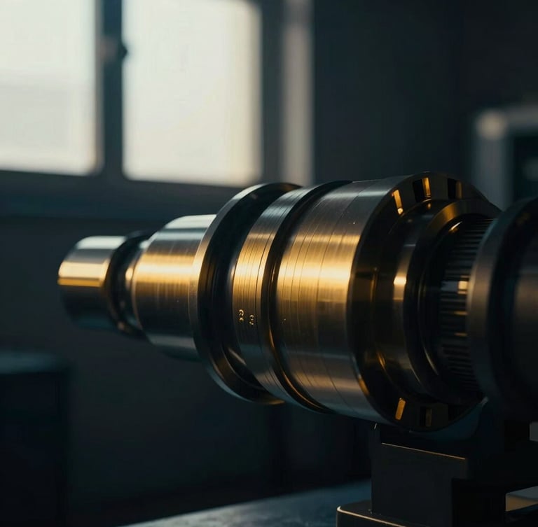 Close-up of precision-machined aerospace component, dramatic low-key window light, deep navy and warm gold tones, shallow depth of field, off-center composition.