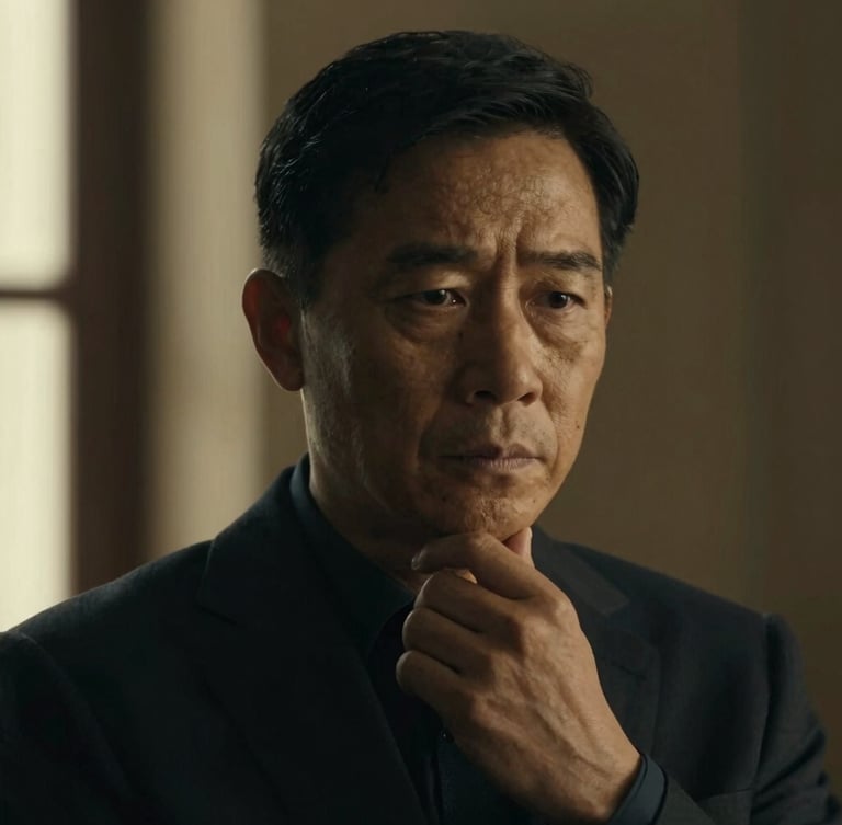 Close-up, off-center portrait of a leader in deep thought, dramatic low-key side-lighting, deep navy and warm gold tones, cinematic crop, shallow depth of field, conveying focus and strategic thinking.