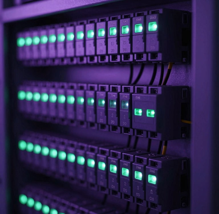 Macro detail shot of a meticulously wired PLC cabinet, cool purple and forest green status LED lights glowing in a dark control room, sharp 35mm focus
