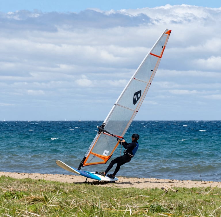 A close-up action shot of a windsurfer rigging a sail on the grassy bank of Christchurch Harbour, overcast maritime sky, rich ocean blues.