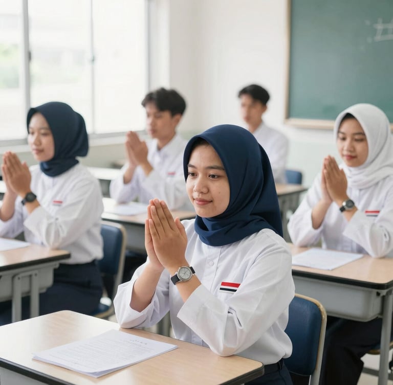 Indonesian candidates in clean white training uniforms practicing Japanese phrases in a bright, modern classroom under natural daylight, sharp focus, 35mm