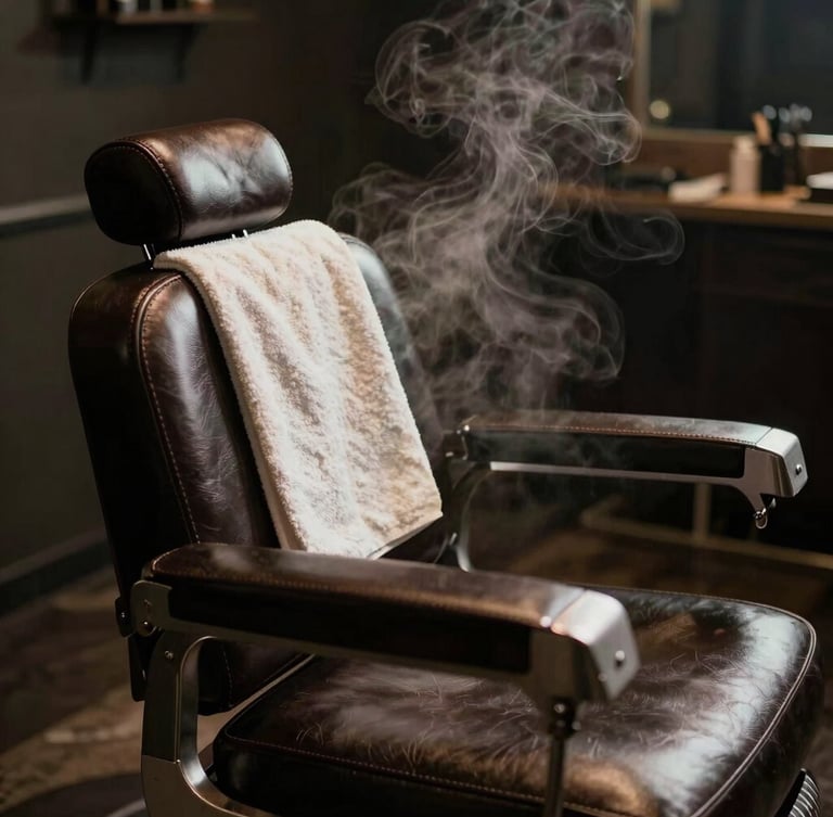 Low-key dramatic side-lighting on a heavy leather barber chair, steam rising from a hot towel in the background, moody charcoal tones, shallow depth of field, 35mm editorial photography