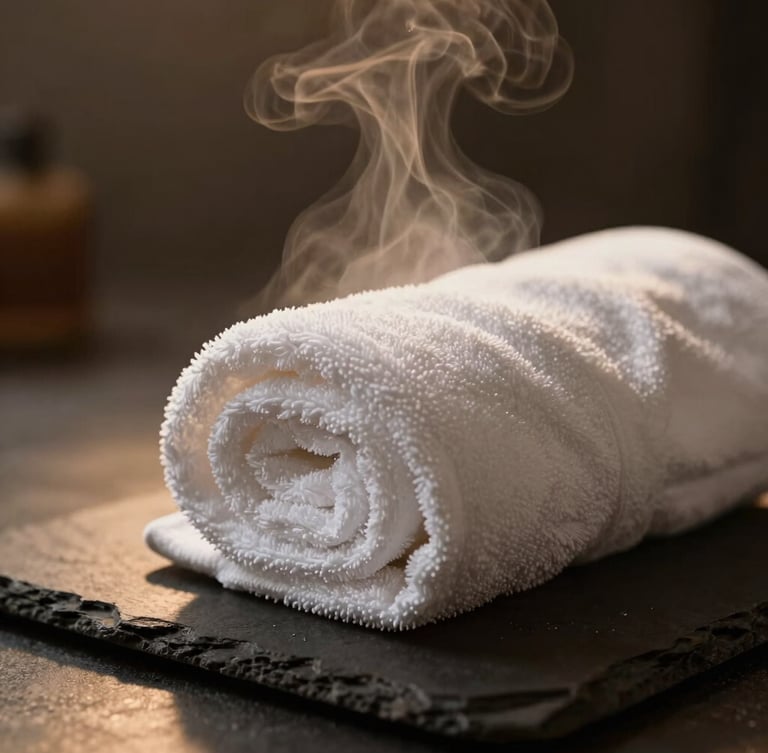 Tight macro shot of steam rising from a rolled white hot towel on a dark slate surface, warm amber backlighting, shallow depth of field, 35mm