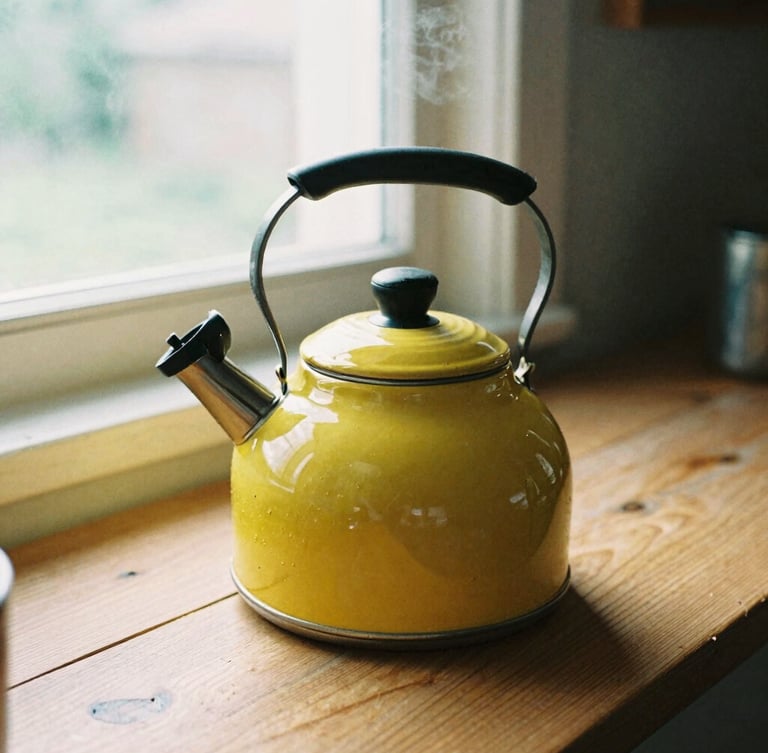 Close-up of a warm mustard yellow ceramic kettle steaming on a rustic wooden counter, soft morning sunlight streaming through a nearby window, cozy 35mm film style.