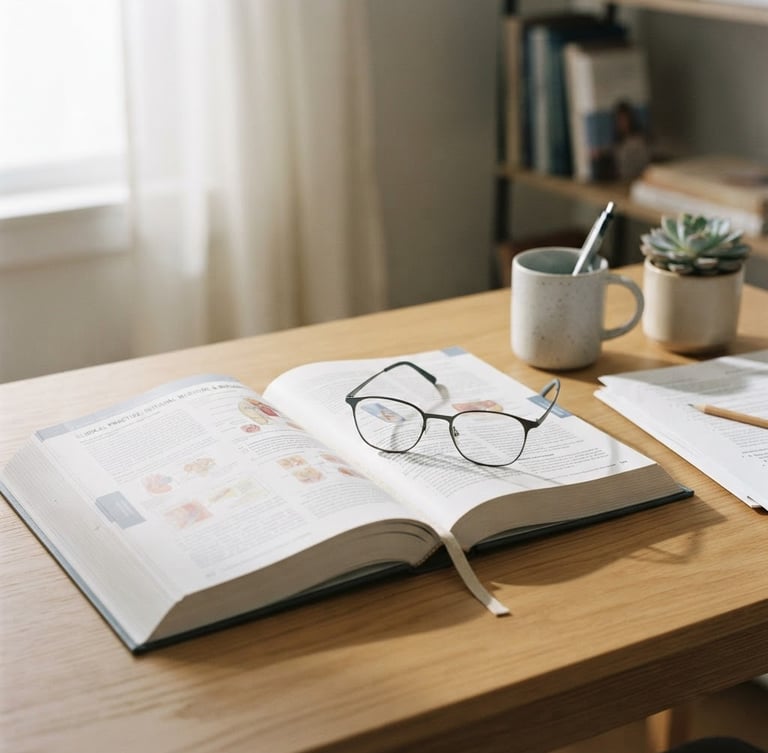 A clean, modern study desk with an open clinical textbook, a pair of minimalist glasses, and a soft shadow cast by diffused natural daylight, 35mm, warm sand and muted slate tones.
