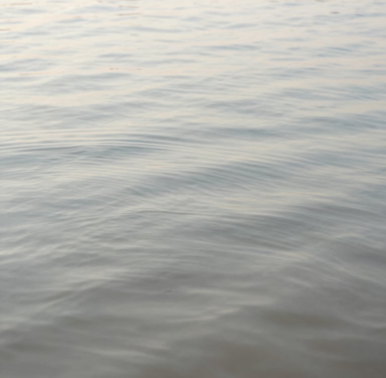 A serene view of gentle ripples expanding on a calm water surface, soft natural daylight, muted slate and sand tones, shallow depth of field