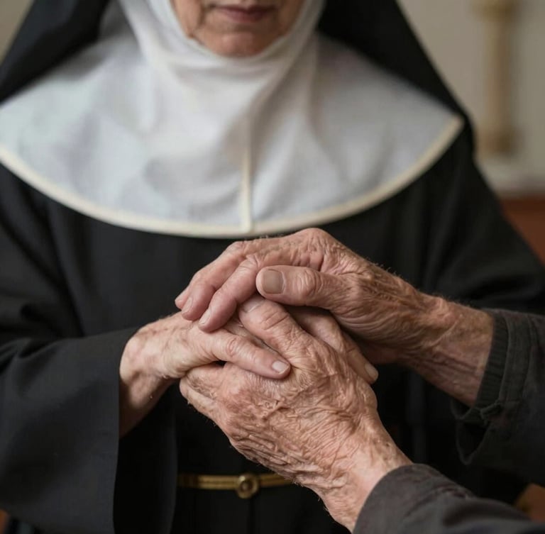 Primer plano de las manos de una religiosa sosteniendo con extrema ternura y respeto la mano de un adulto mayor, iluminación suave y natural.