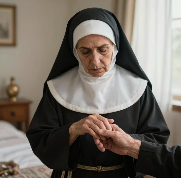 Plano medio con luz natural difusa de una religiosa de las Hermanas Hospitalarias sosteniendo con suavidad la mano de un adulto mayor en una habitación limpia y luminosa.