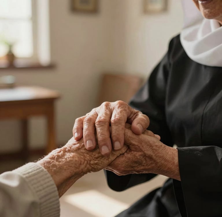 Close-up of a Sister of the Congregation gently holding an elderly resident's hand, soft natural golden light, clean and peaceful room in Calama.