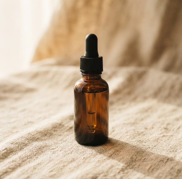 Close-up of amber CBD oil in a dark glass dropper bottle resting on organic linen fabric, soft natural sunlight casting gentle shadows, warm editorial photography, 35mm