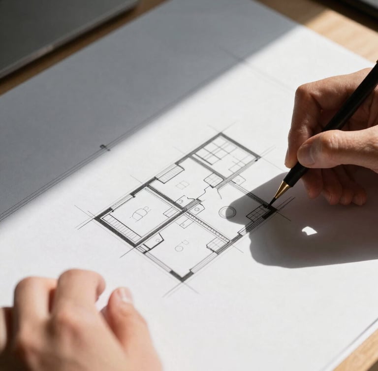 Overhead macro shot of hands sketching architectural blueprints on a drafting table, crisp natural daylight, strong architectural shadows.