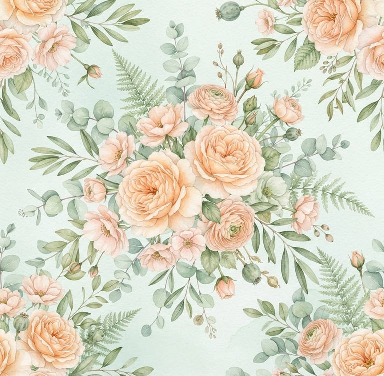 Delicate watercolor illustration of soft pastel peach and sage green flowers on a pale mint background, elegant botanical style, high-end editorial composition