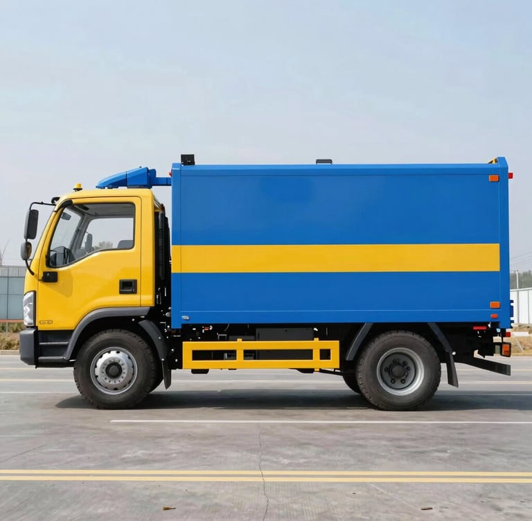 A modern blue and yellow utility truck parked on a clean street, side profile, professional industrial equipment visible, bright daylight, sharp focus, crisp commercial photography