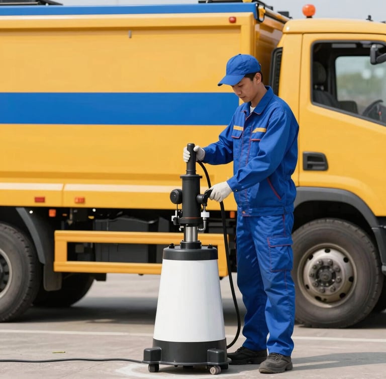 A professional technician in a clean blue uniform operating a high-tech hydro-jetting machine next to a modern yellow-and-blue utility truck, bright daylight, sharp focus, 35mm