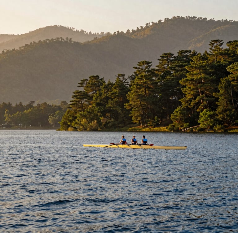 Wide-angle panoramic view of Naini Lake surrounded by misty pine hills at golden hour, a single classic rowing boat on the water, warm editorial travel photography style