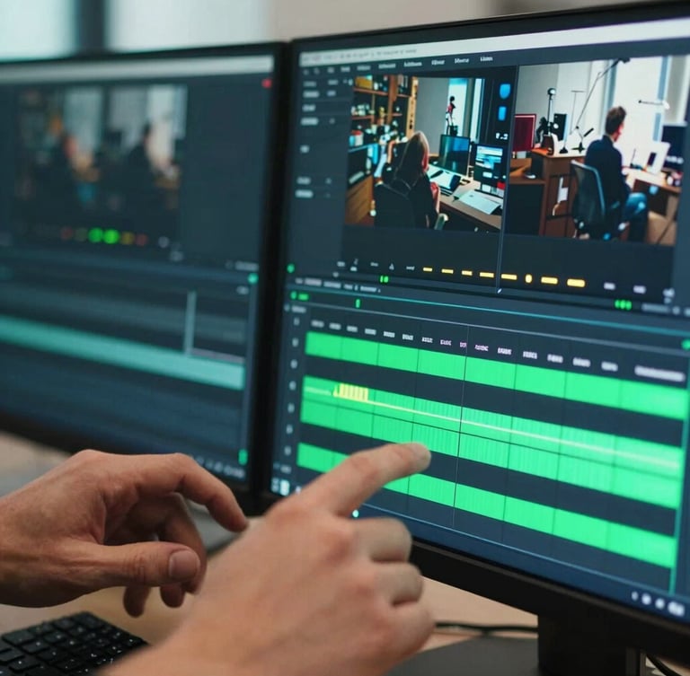 Tight macro shot of hands editing a high-retention vertical video on a dual-monitor setup, neon green timeline glow, professional studio environment