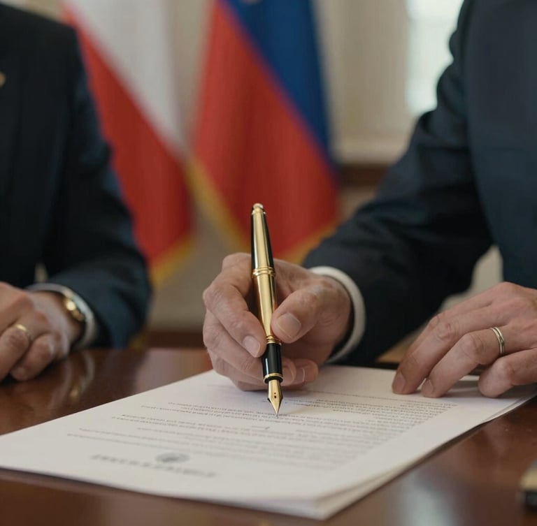 Cinematic close-up of a formal treaty signing, gold fountain pen on heavy paper, national flags softly blurred in the background, warm natural light