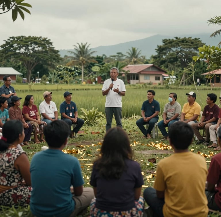 Cinematic wide shot of a community development program in rural Philippines, local organizers speaking with residents under soft overcast daylight