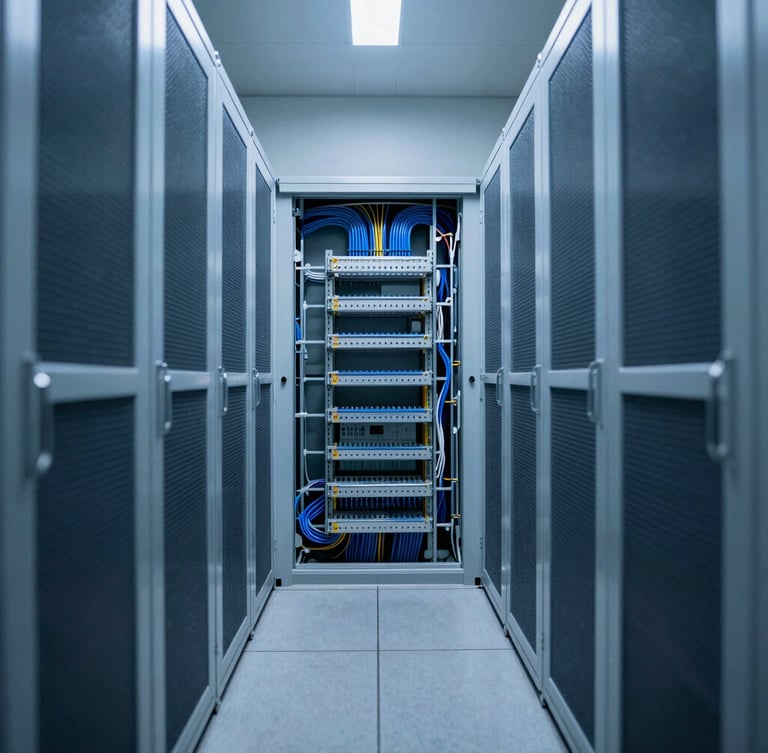 Symmetrical architectural shot of a pristine commercial plant room, clean cable management, cool twilight lighting, sharp focus, 35mm