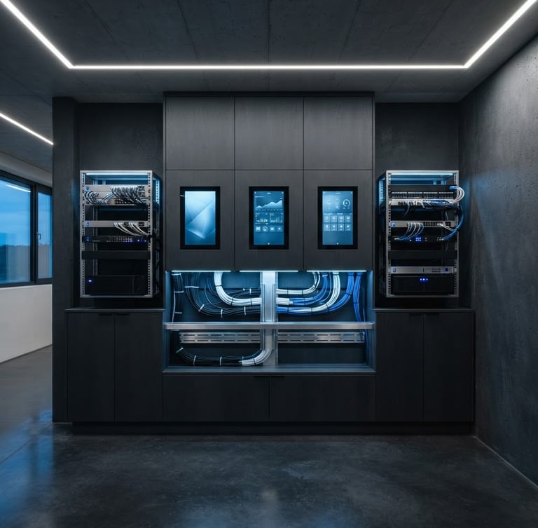 Symmetrical architectural shot of a minimalist home utility zone, flush-mounted smart panels, clean cable management, crisp electric blue accent lighting, cool twilight, 35mm
