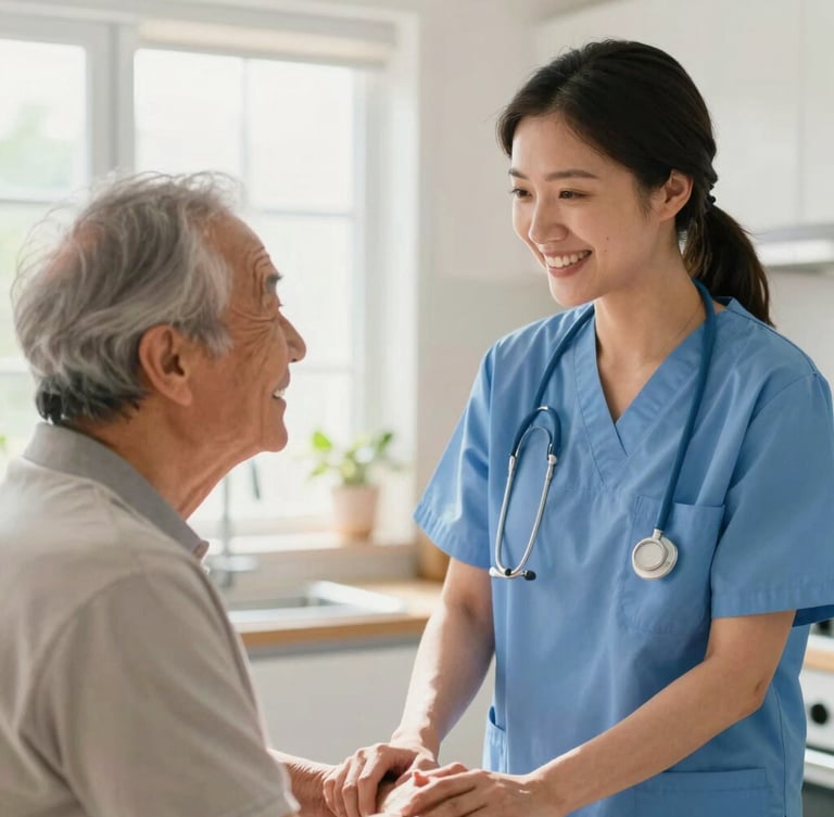 Warm editorial photography of a professional caregiver and a senior client sharing a genuine smile in a sunlit kitchen, soft natural window light, shallow depth of field