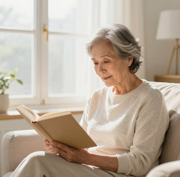 Bright airy editorial photo of an older adult reading a book in a comfortable living room with soft morning light streaming through a window, warm gold accents