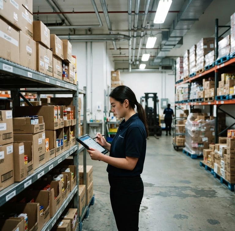 Wide shot of a supermarket backroom, hands checking inventory on a tablet, boxes neatly stacked, under cool fluorescent lighting. Focus on operational clarity.