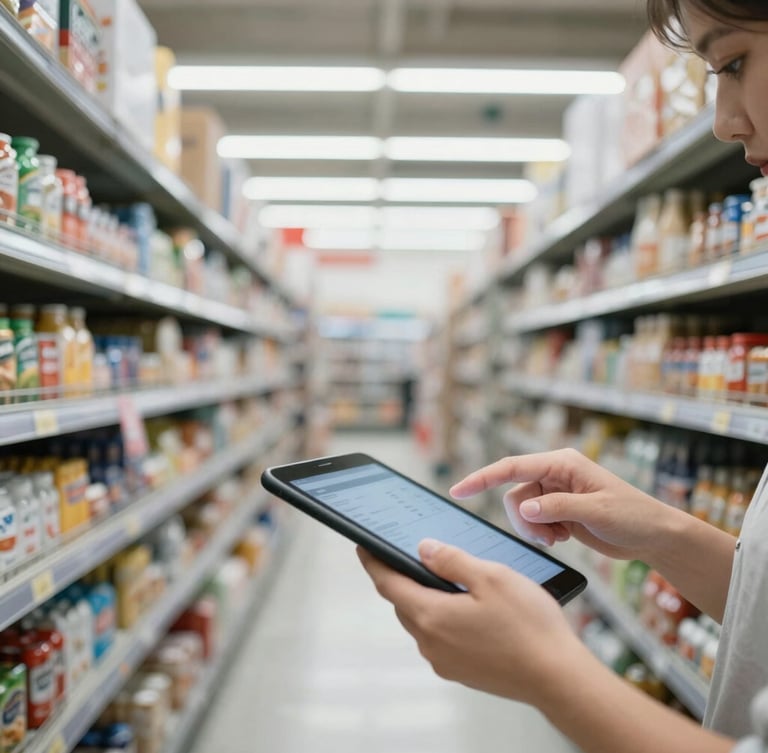 Close-up of hands checking inventory on a tablet in a busy supermarket aisle during restocking, collaborative floor training, realistic supermarket fluorescent lighting, cool industrial tones, sharp focus, 35mm lens