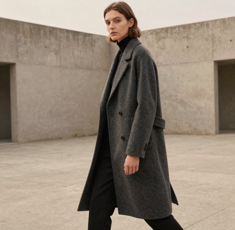 A model in motion wearing a structured charcoal wool coat in a minimalist concrete courtyard, soft overcast daylight, editorial framing