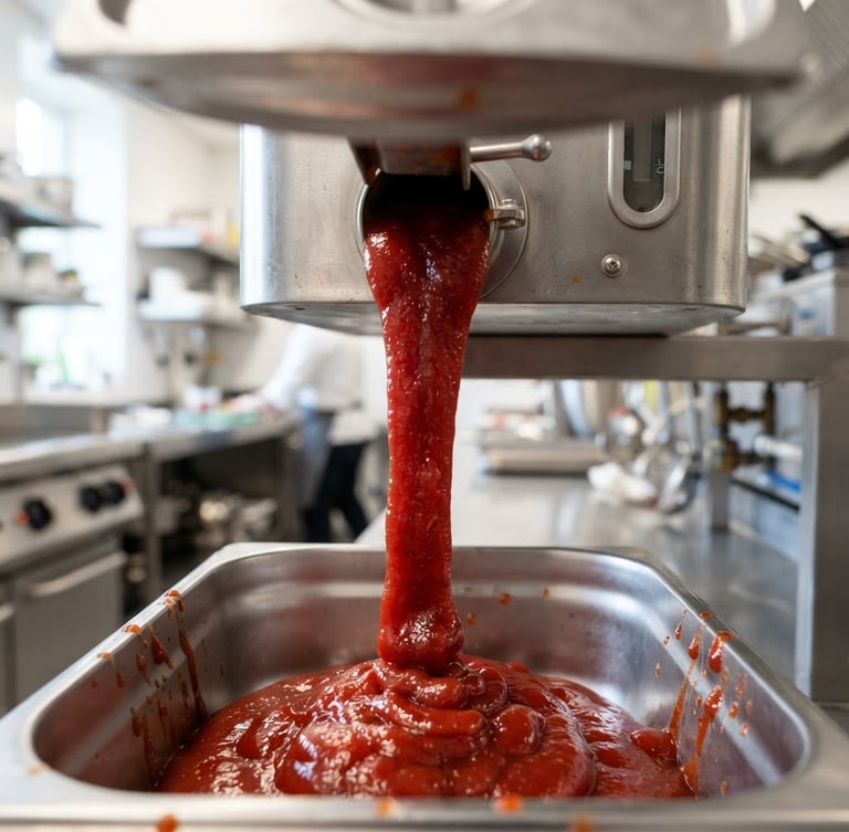 Macro shot of thick, deep red ketchup pouring slowly from a bulk container in a bright, clean commercial kitchen, high-contrast natural shadows, rich tomato tones.
