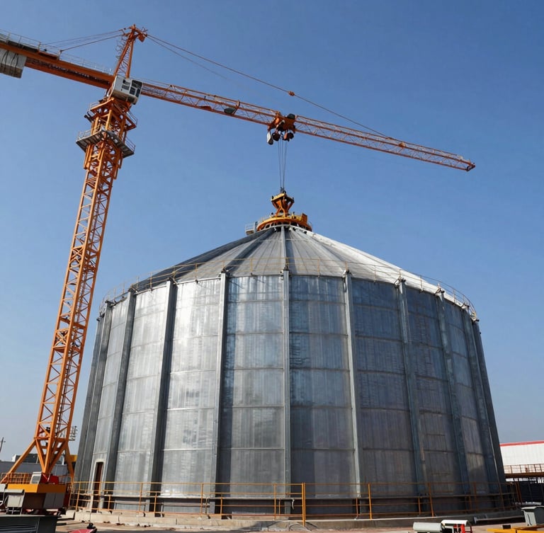 Low-angle wide shot of a massive industrial construction site, heavy cranes lifting a galvanized steel silo dome, harsh midday sun casting sharp geometric shadows, high contrast.