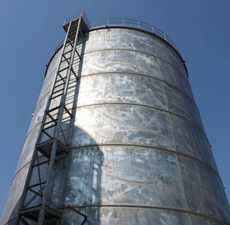 Low-angle shot of a colossal galvanized steel silo under harsh midday sun, casting geometric shadows, industrial steel panels, wide-environmental framing.