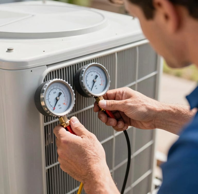Close-up, crisp editorial photo of a male AC technician's hands adjusting diagnostic gauges on an outdoor condenser unit, showing focused, hands-on technical work under bright Colorado daylight.