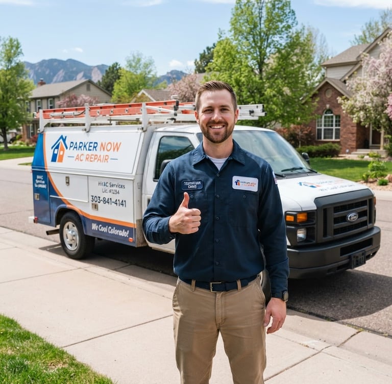 Crisp editorial photo of a friendly male AC technician in uniform, smiling and giving a thumbs up, standing next to a clean Parker Now AC Repair service truck in a sunny Parker neighborhood street, bright natural Colorado daylight.