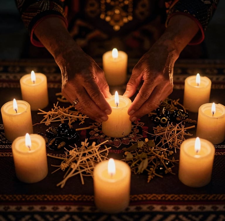 Hands of an Andean spiritual guide arranging beeswax candles and sacred herbs on a dark woven textile, dramatic low-key lighting, warm gold highlights